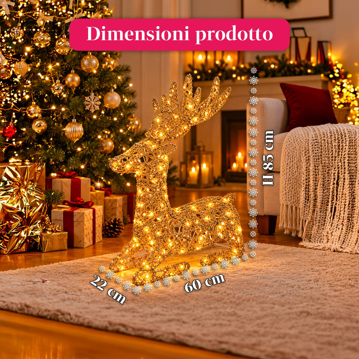 Cervo Luminoso a LED Glitter Oro, Decorazione Natalizia in Ferro e Polietilene, Luce Calda Alimentata via USB, 3 Misure: 65, 85 e 110 cm