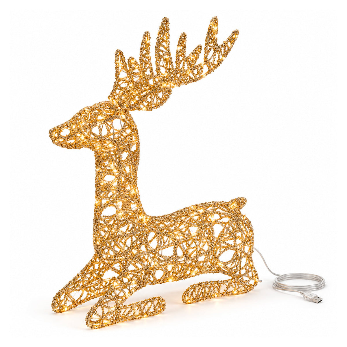 Cervo Luminoso a LED Glitter Oro, Decorazione Natalizia in Ferro e Polietilene, Luce Calda Alimentata via USB, 3 Misure: 65, 85 e 110 cm