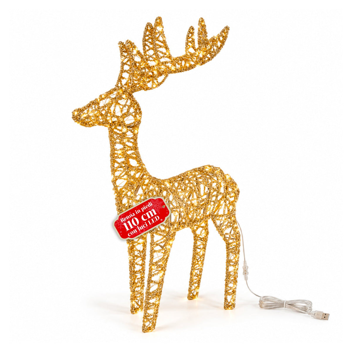 Cervo Luminoso a LED Glitter Oro, Decorazione Natalizia in Ferro e Polietilene, Luce Calda Alimentata via USB, 3 Misure: 65, 85 e 110 cm