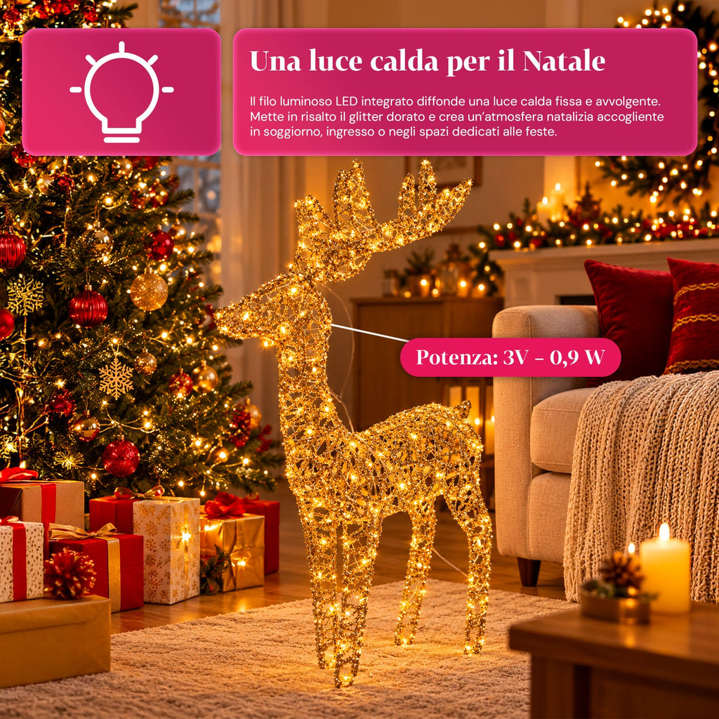 Cervo Luminoso a LED Glitter Oro, Decorazione Natalizia in Ferro e Polietilene, Luce Calda Alimentata via USB, 3 Misure: 65, 85 e 110 cm