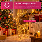 Cervo Luminoso a LED Glitter Oro, Decorazione Natalizia in Ferro e Polietilene, Luce Calda Alimentata via USB, 3 Misure: 65, 85 e 110 cm