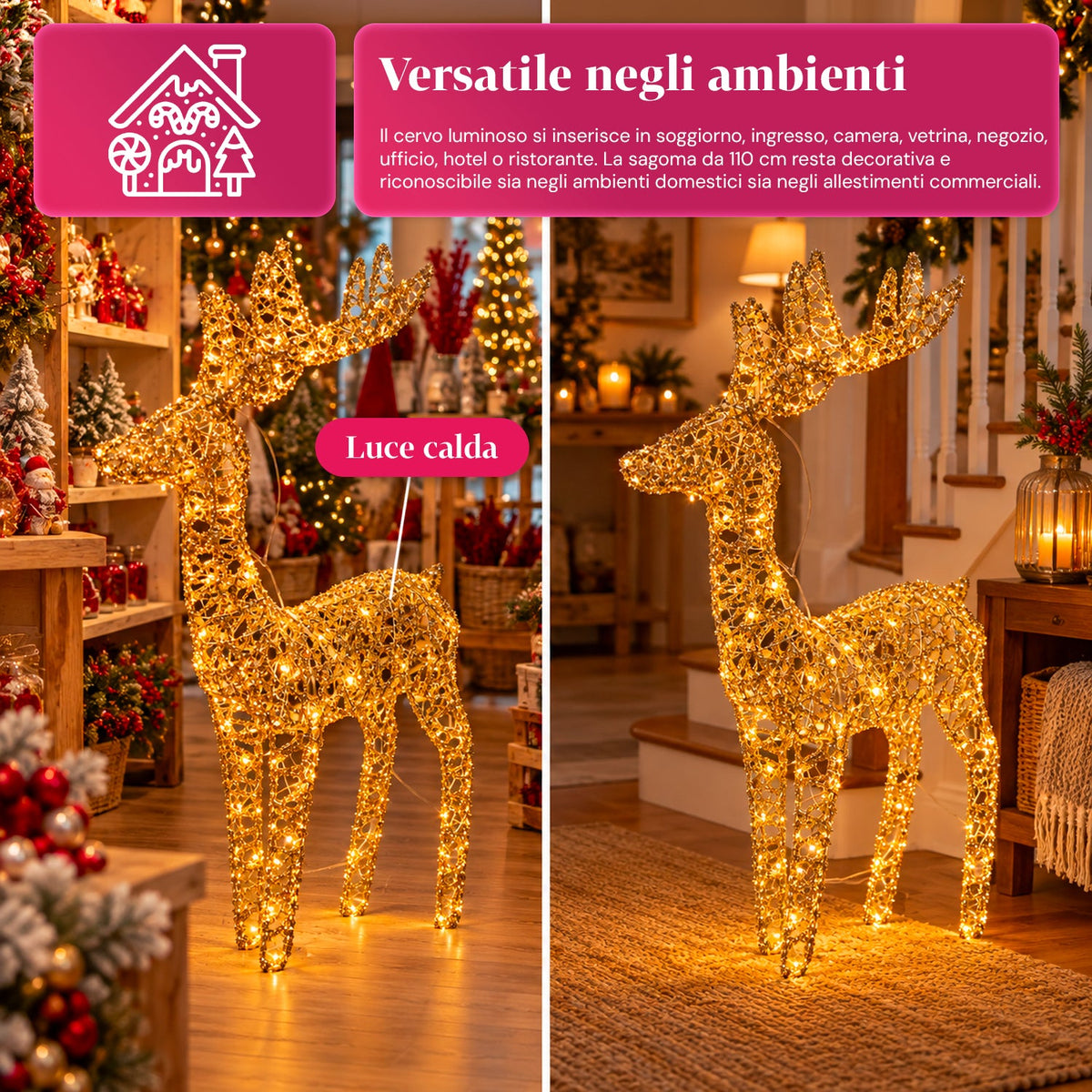Cervo Luminoso a LED Glitter Oro, Decorazione Natalizia in Ferro e Polietilene, Luce Calda Alimentata via USB, 3 Misure: 65, 85 e 110 cm