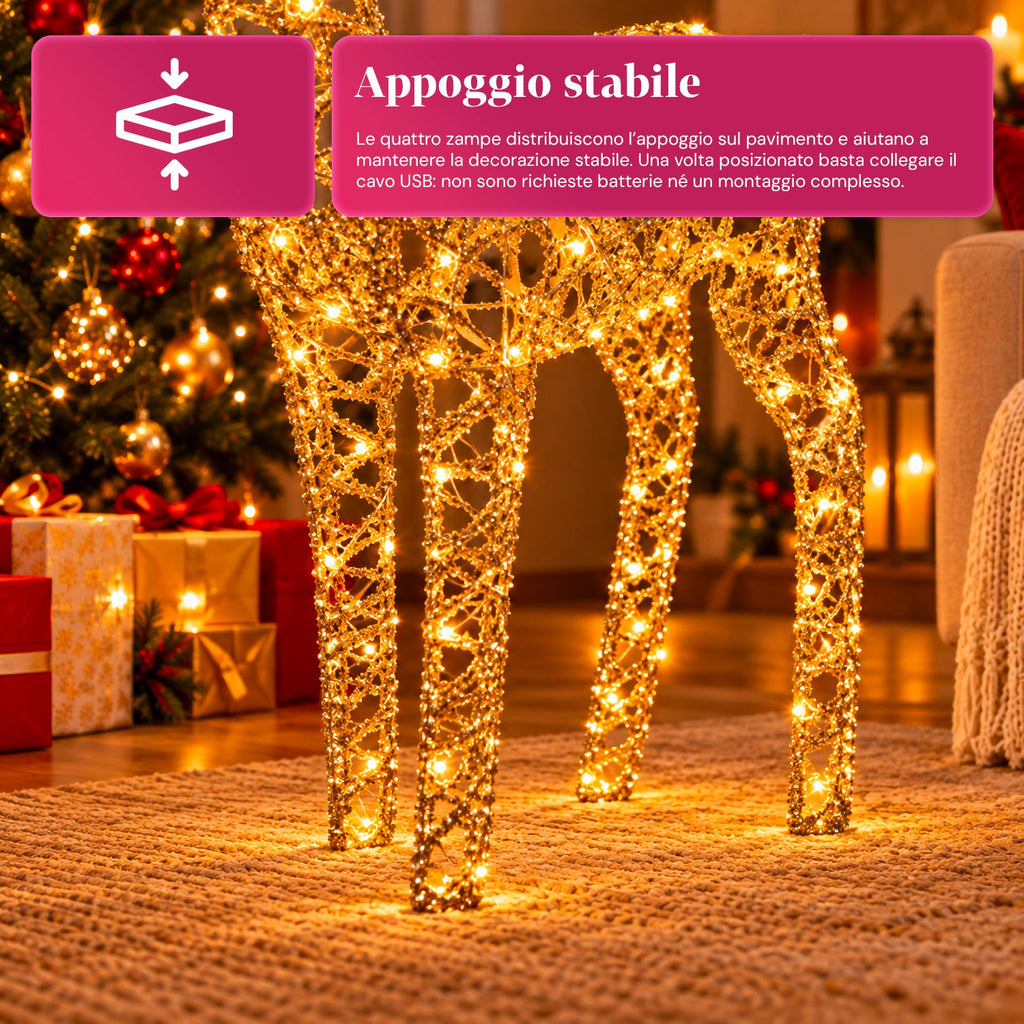 Cervo Luminoso a LED Glitter Oro, Decorazione Natalizia in Ferro e Polietilene, Luce Calda Alimentata via USB, 3 Misure: 65, 85 e 110 cm