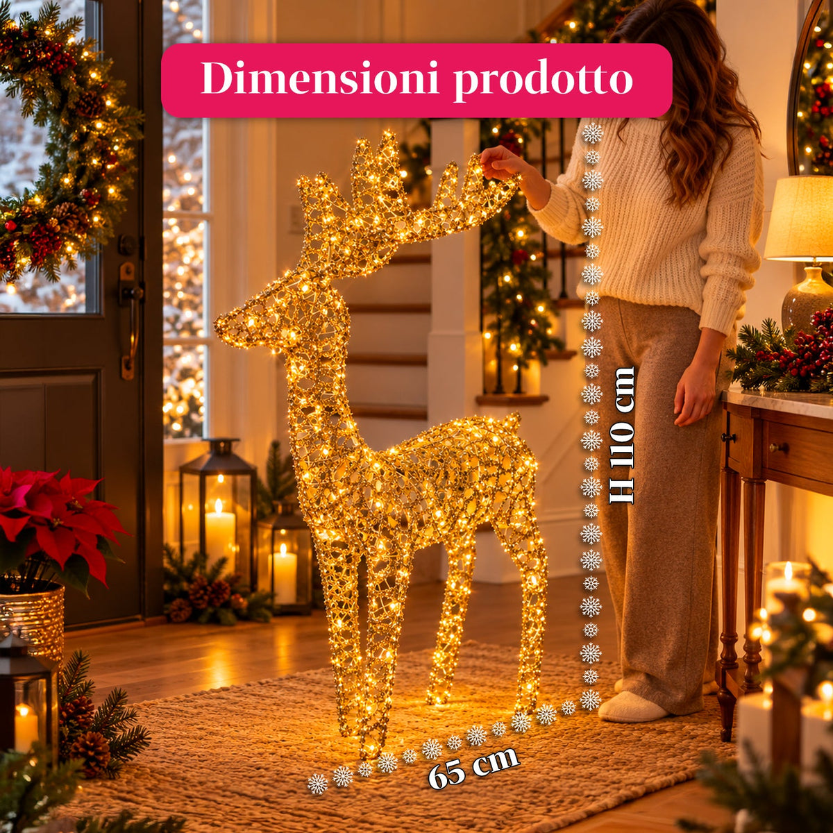 Cervo Luminoso a LED Glitter Oro, Decorazione Natalizia in Ferro e Polietilene, Luce Calda Alimentata via USB, 3 Misure: 65, 85 e 110 cm