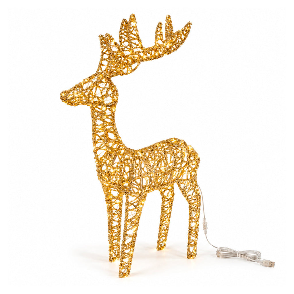 Cervo Luminoso a LED Glitter Oro, Decorazione Natalizia in Ferro e Polietilene, Luce Calda Alimentata via USB, 3 Misure: 65, 85 e 110 cm