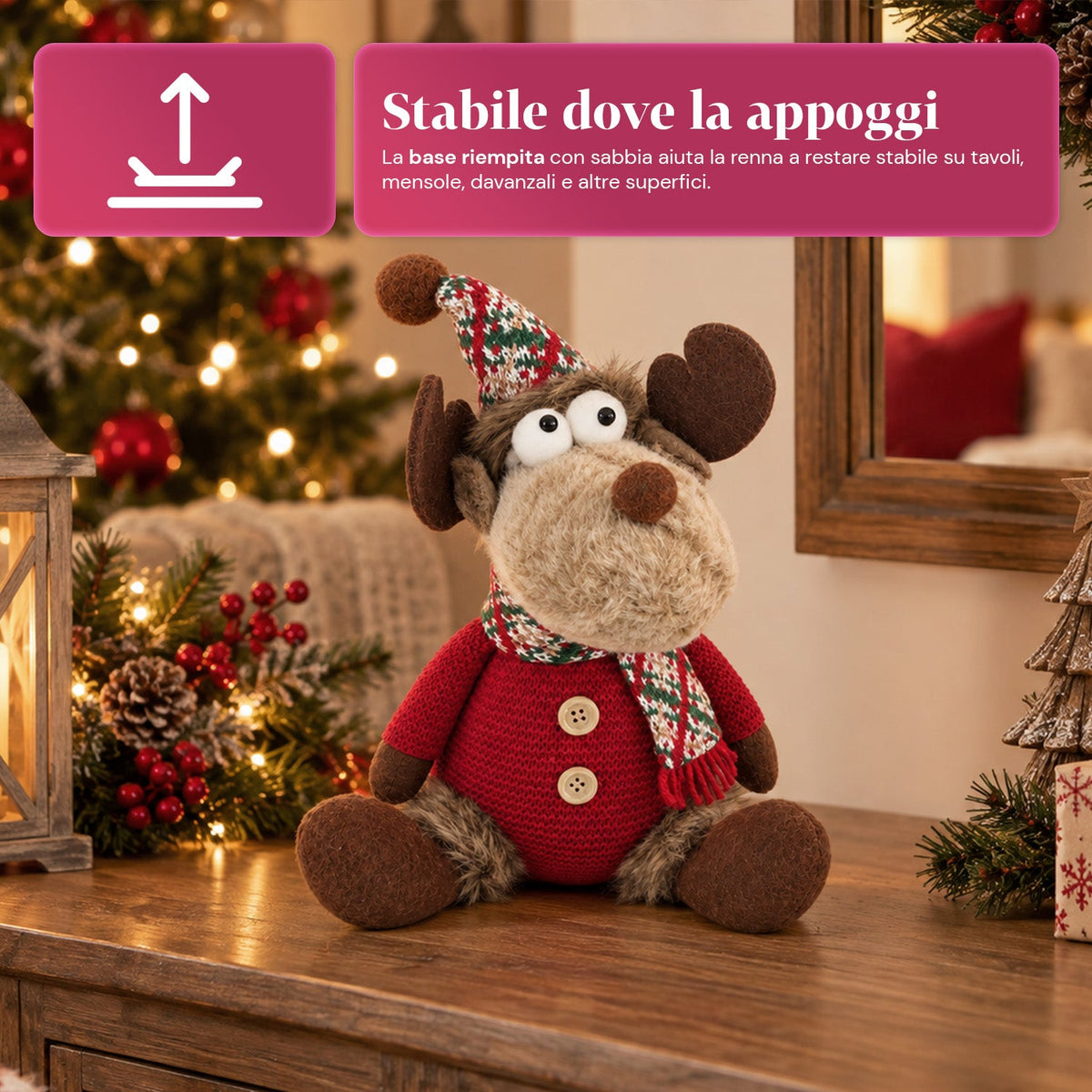 Renna Natalizia Decorativa in Poliestere - Ornamento di Natale con Base Sabbiata, Design Simpatico, 4 Varianti Stile, 2 Misure 35 e 50 cm