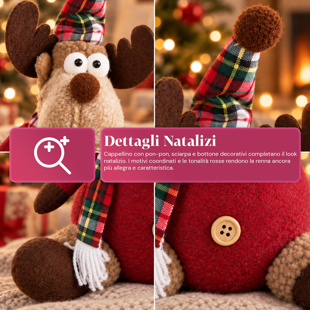 Renna Natalizia Decorativa in Poliestere - Ornamento di Natale con Base Sabbiata, Design Simpatico, 4 Varianti Stile, 2 Misure 35 e 50 cm