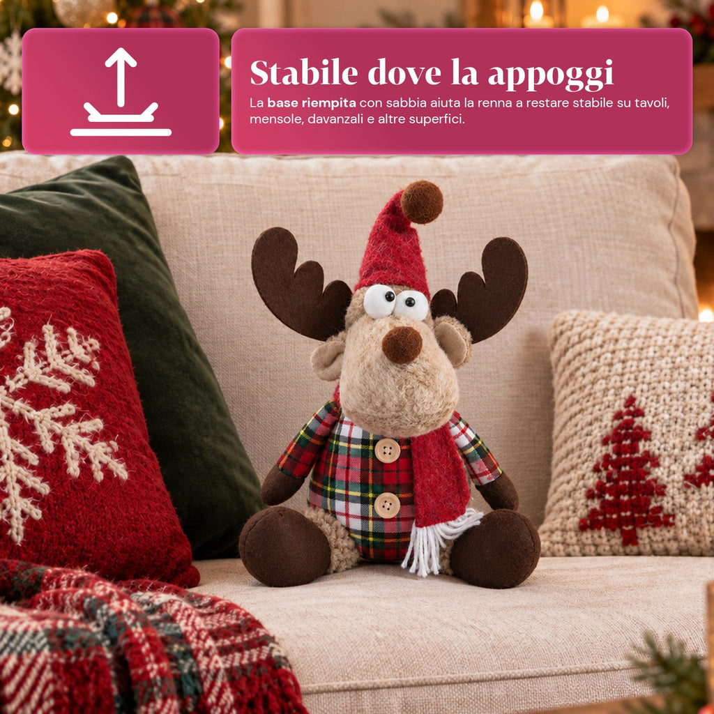 Renna Natalizia Decorativa in Poliestere - Ornamento di Natale con Base Sabbiata, Design Simpatico, 4 Varianti Stile, 2 Misure 35 e 50 cm