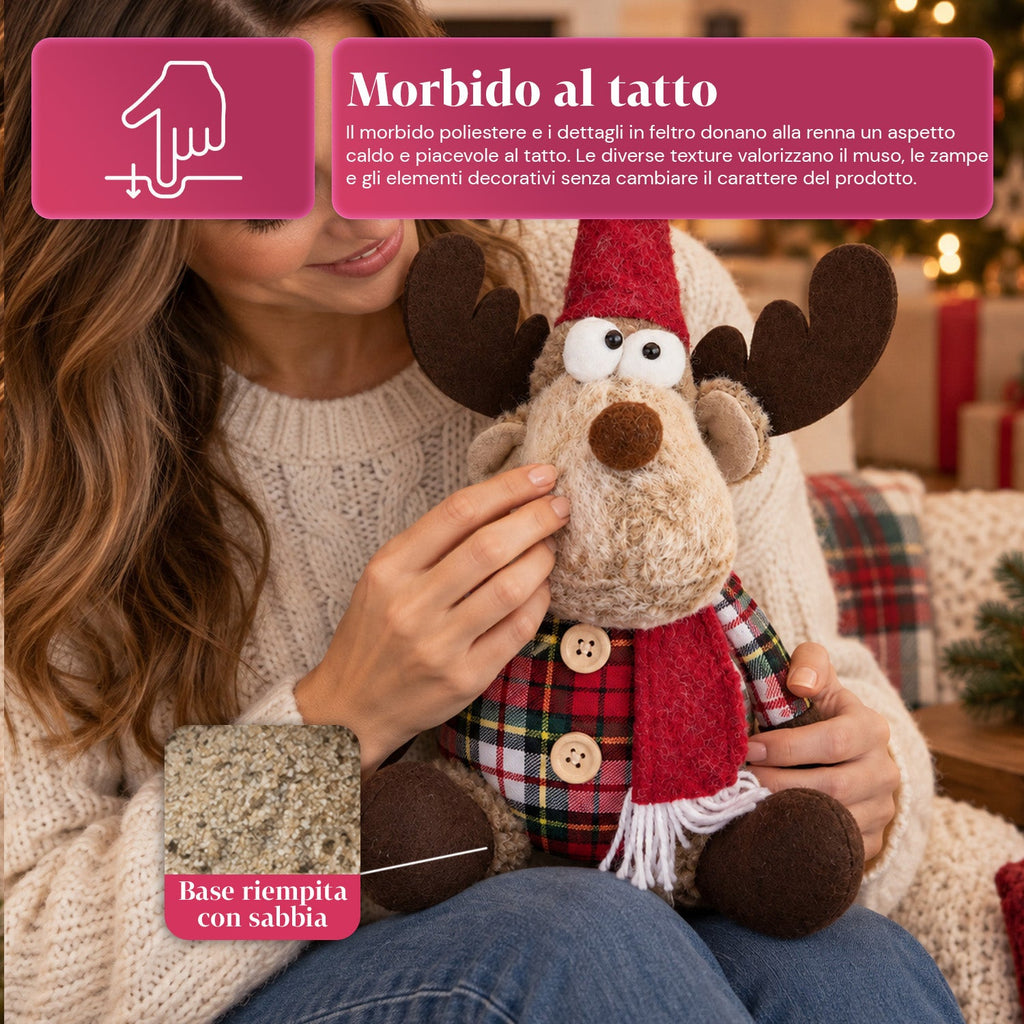 Renna Natalizia Decorativa in Poliestere - Ornamento di Natale con Base Sabbiata, Design Simpatico, 4 Varianti Stile, 2 Misure 35 e 50 cm