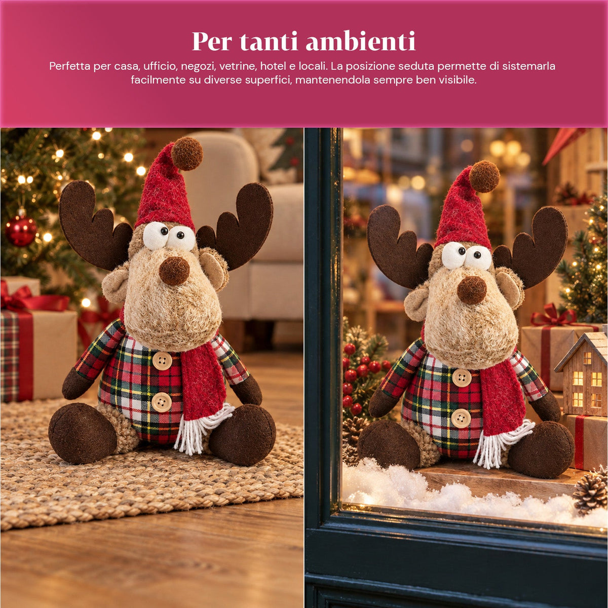 Renna Natalizia Decorativa in Poliestere - Ornamento di Natale con Base Sabbiata, Design Simpatico, 4 Varianti Stile, 2 Misure 35 e 50 cm