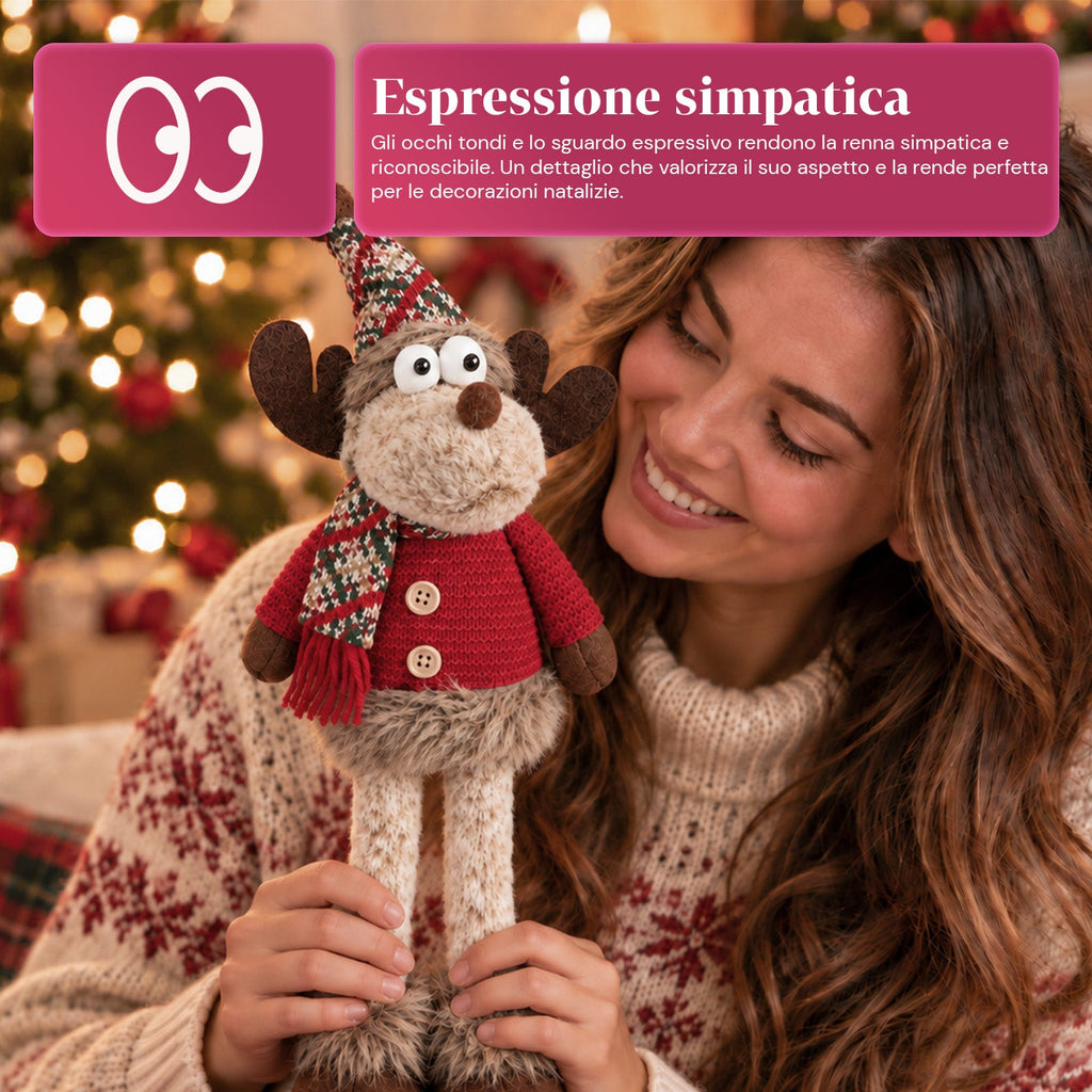 Renna Natalizia Decorativa in Poliestere - Ornamento di Natale con Base Sabbiata, Design Simpatico, 4 Varianti Stile, 2 Misure 35 e 50 cm