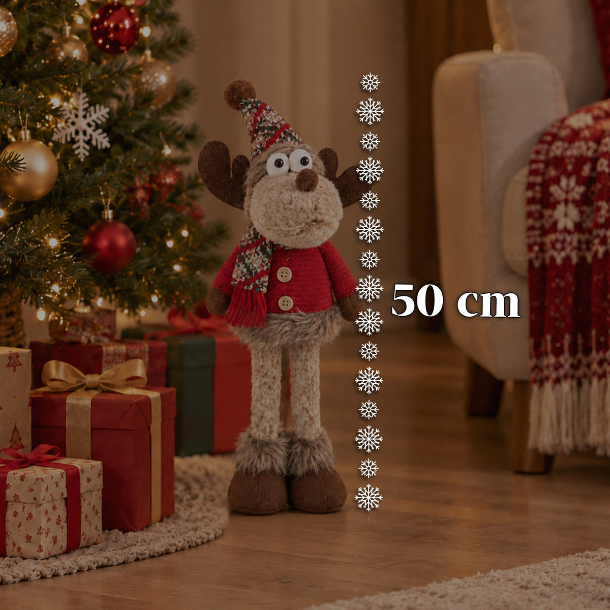 Renna Natalizia Decorativa in Poliestere - Ornamento di Natale con Base Sabbiata, Design Simpatico, 4 Varianti Stile, 2 Misure 35 e 50 cm
