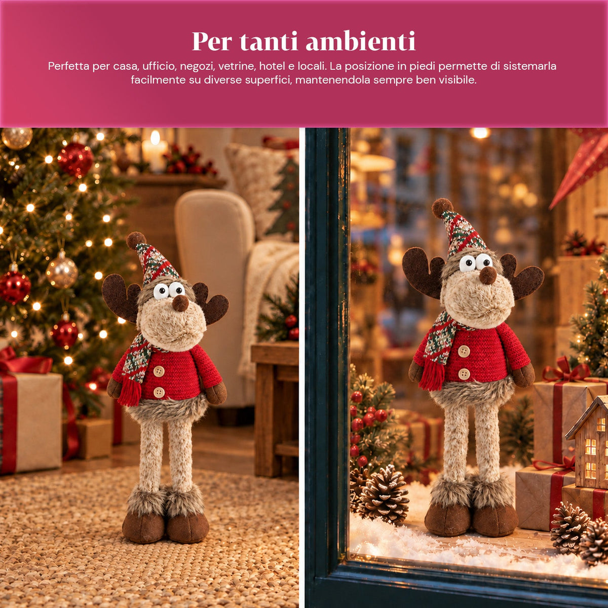 Renna Natalizia Decorativa in Poliestere - Ornamento di Natale con Base Sabbiata, Design Simpatico, 4 Varianti Stile, 2 Misure 35 e 50 cm