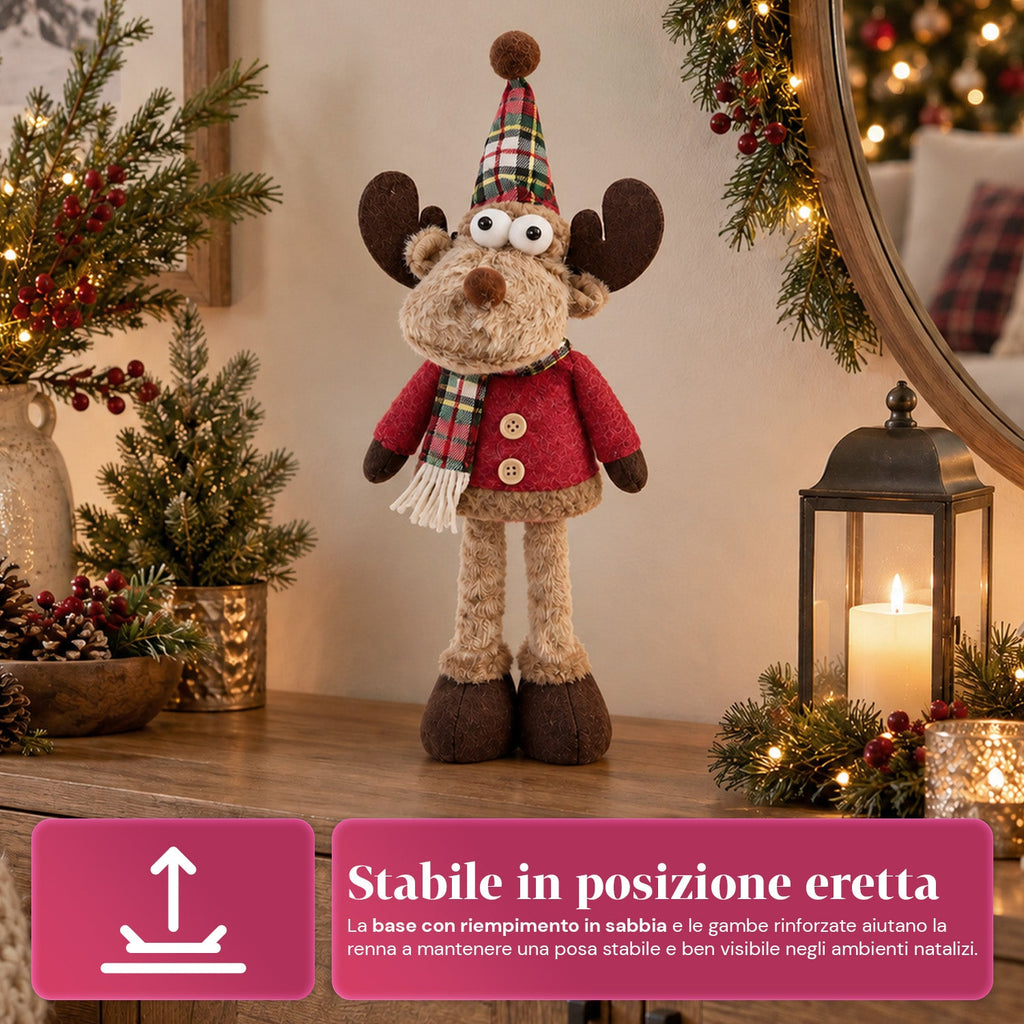 Renna Natalizia Decorativa in Poliestere - Ornamento di Natale con Base Sabbiata, Design Simpatico, 4 Varianti Stile, 2 Misure 35 e 50 cm