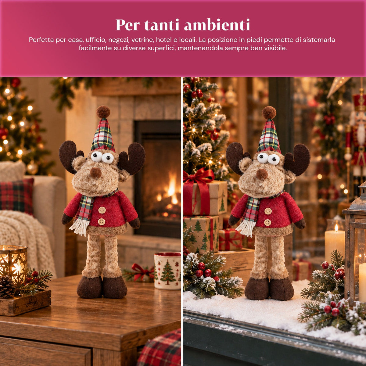 Renna Natalizia Decorativa in Poliestere - Ornamento di Natale con Base Sabbiata, Design Simpatico, 4 Varianti Stile, 2 Misure 35 e 50 cm