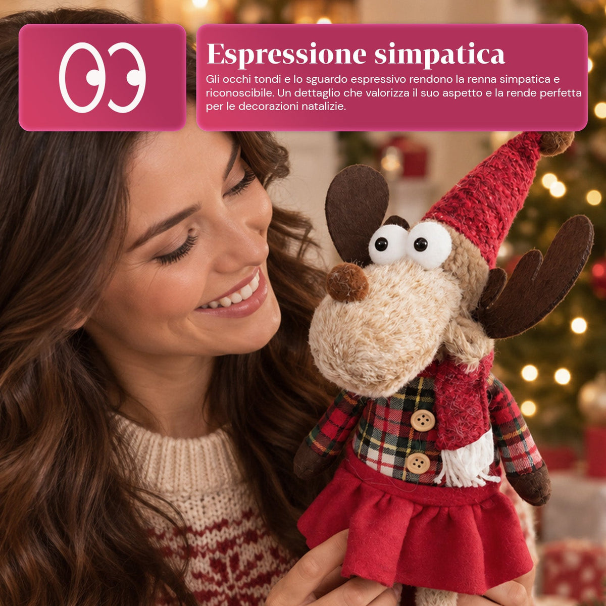Renna Natalizia Decorativa in Poliestere - Ornamento di Natale con Base Sabbiata, Design Simpatico, 4 Varianti Stile, 2 Misure 35 e 50 cm