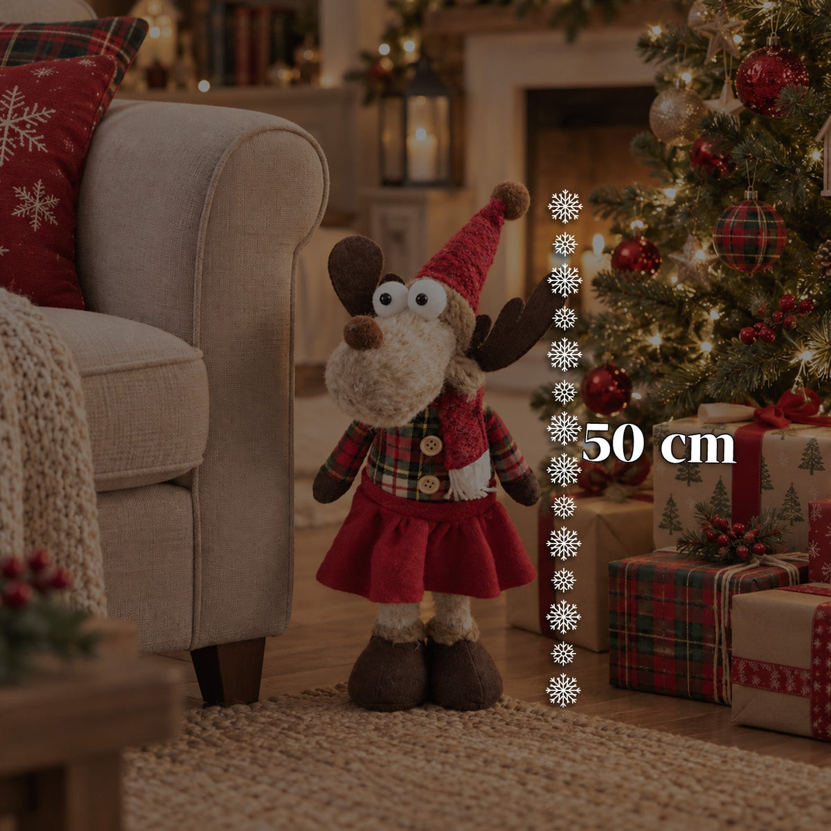 Renna Natalizia Decorativa in Poliestere - Ornamento di Natale con Base Sabbiata, Design Simpatico, 4 Varianti Stile, 2 Misure 35 e 50 cm