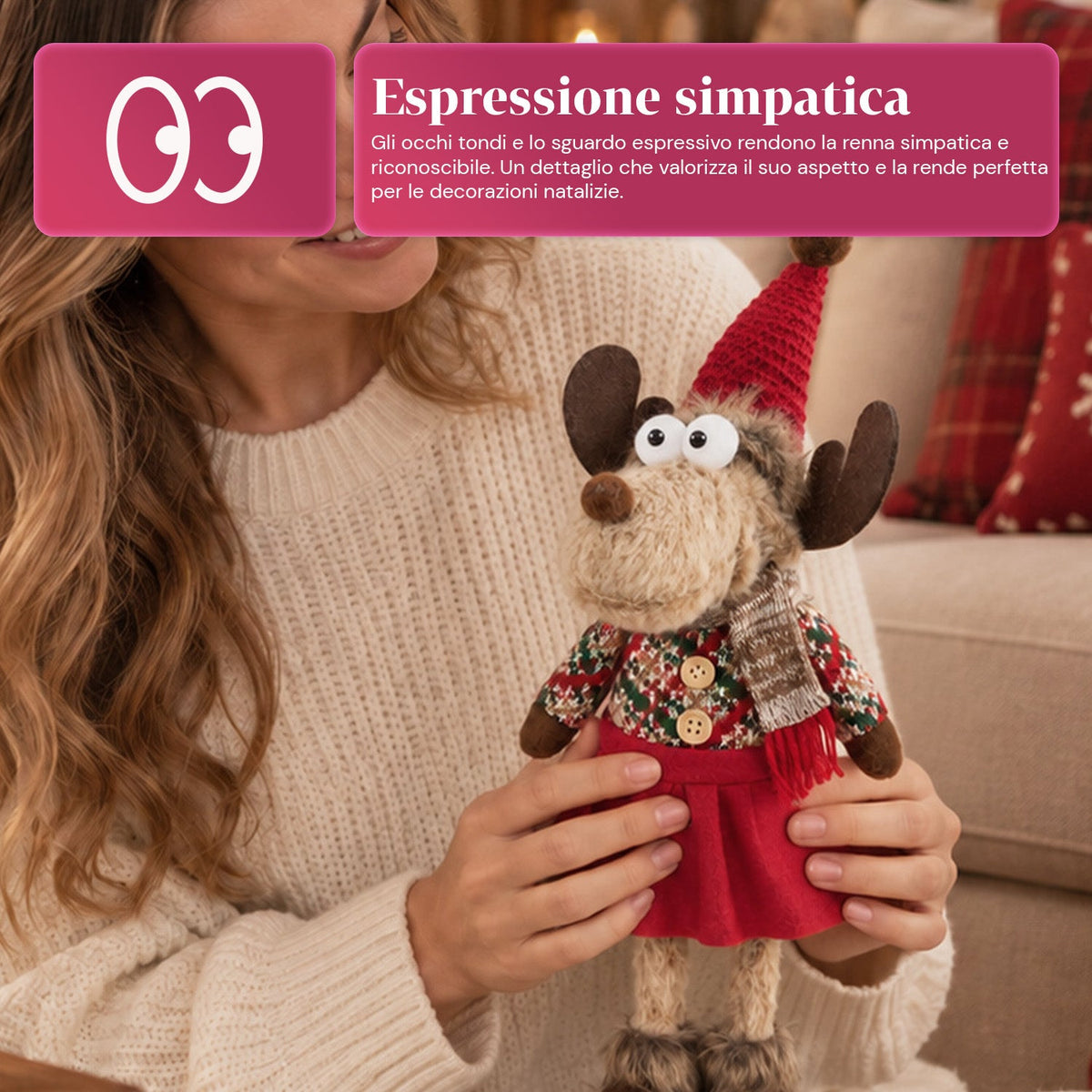 Renna Natalizia Decorativa in Poliestere - Ornamento di Natale con Base Sabbiata, Design Simpatico, 4 Varianti Stile, 2 Misure 35 e 50 cm