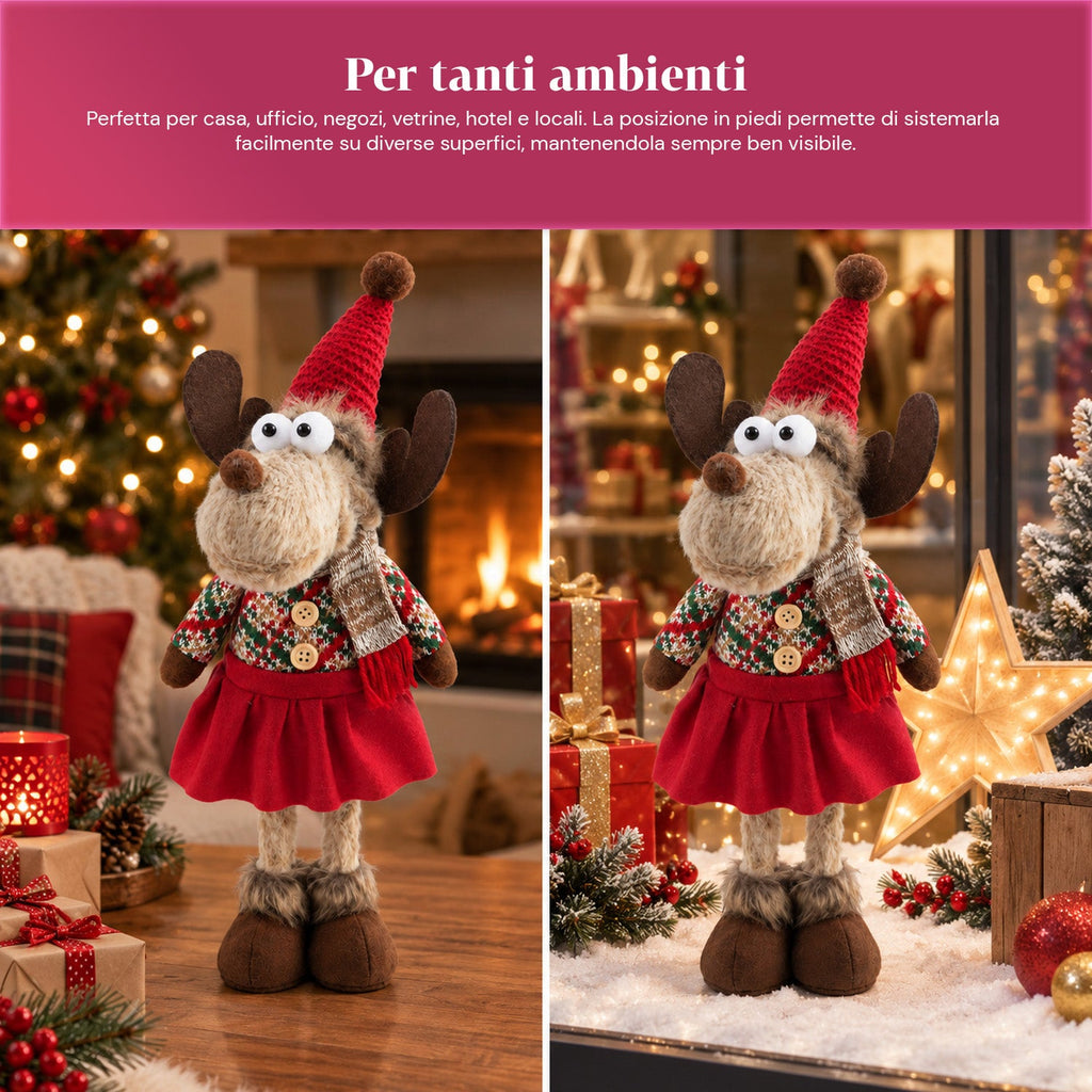 Renna Natalizia Decorativa in Poliestere - Ornamento di Natale con Base Sabbiata, Design Simpatico, 4 Varianti Stile, 2 Misure 35 e 50 cm