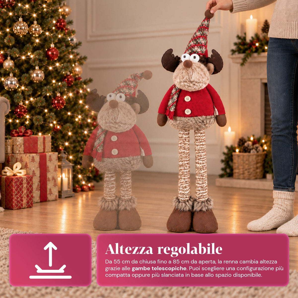 Decorative Extendable Christmas Reindeer 55-85 cm - Christmas Ornament with Telescopic Legs, Metal Structure, Polyester, 4 Style Variants