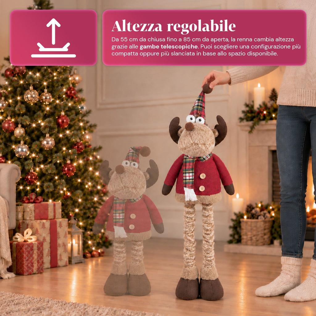 Decorative Extendable Christmas Reindeer 55-85 cm - Christmas Ornament with Telescopic Legs, Metal Structure, Polyester, 4 Style Variants
