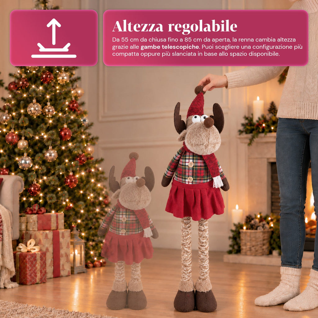 Decorative Extendable Christmas Reindeer 55-85 cm - Christmas Ornament with Telescopic Legs, Metal Structure, Polyester, 4 Style Variants