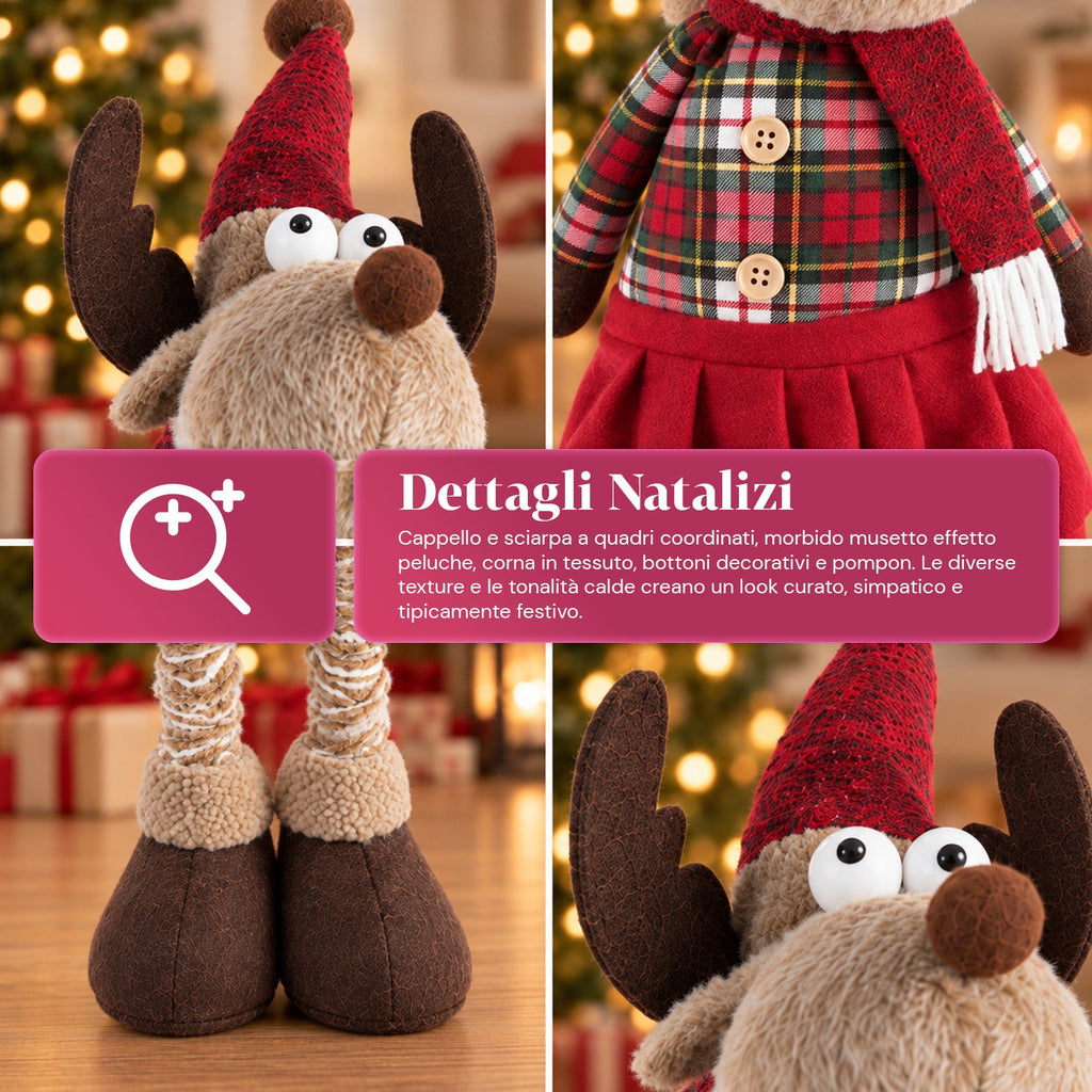 Decorative Extendable Christmas Reindeer 55-85 cm - Christmas Ornament with Telescopic Legs, Metal Structure, Polyester, 4 Style Variants
