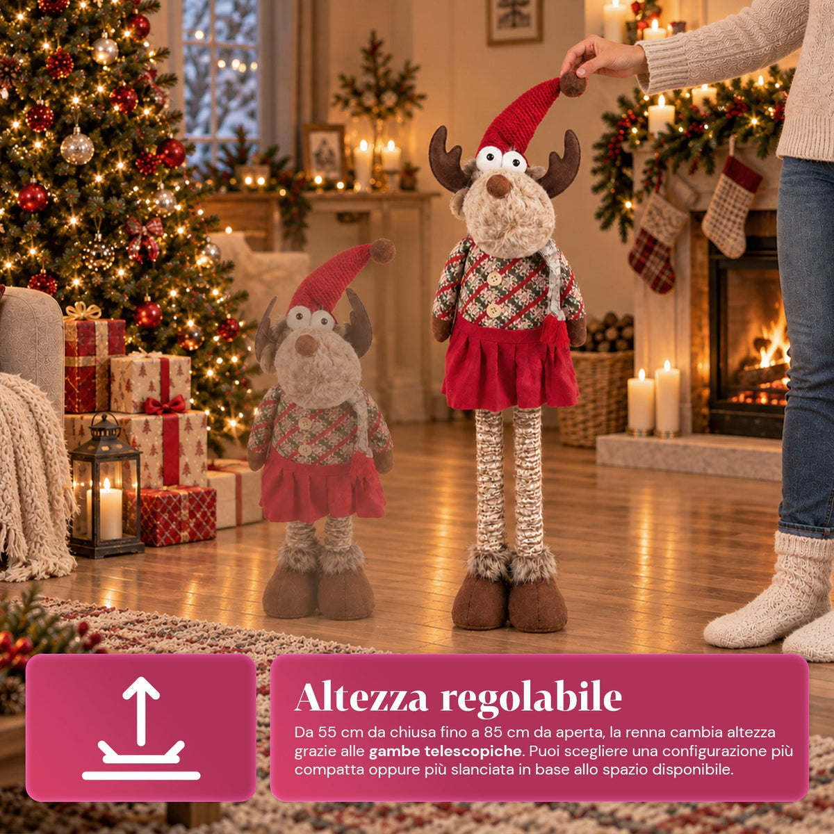 Decorative Extendable Christmas Reindeer 55-85 cm - Christmas Ornament with Telescopic Legs, Metal Structure, Polyester, 4 Style Variants