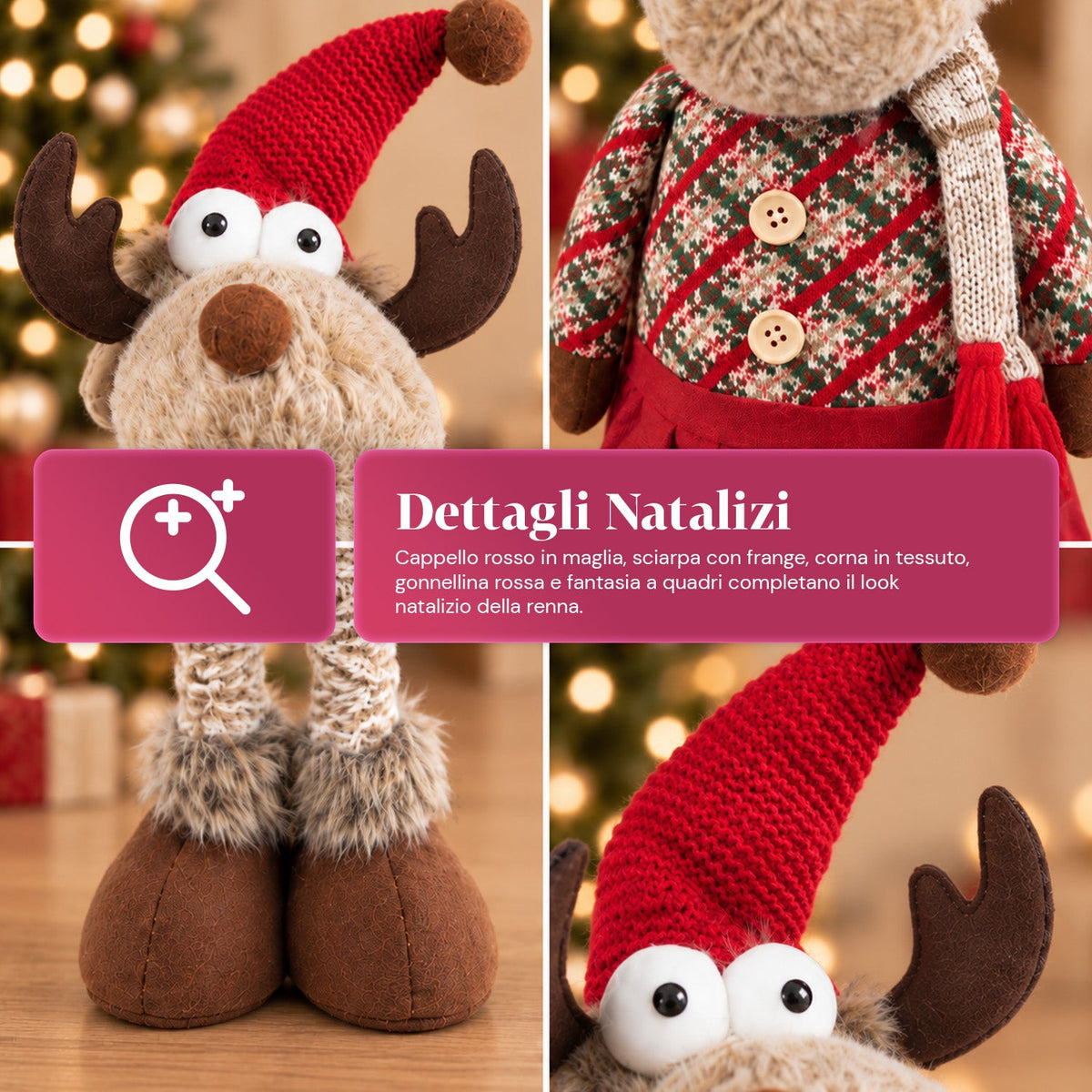 Decorative Extendable Christmas Reindeer 55-85 cm - Christmas Ornament with Telescopic Legs, Metal Structure, Polyester, 4 Style Variants