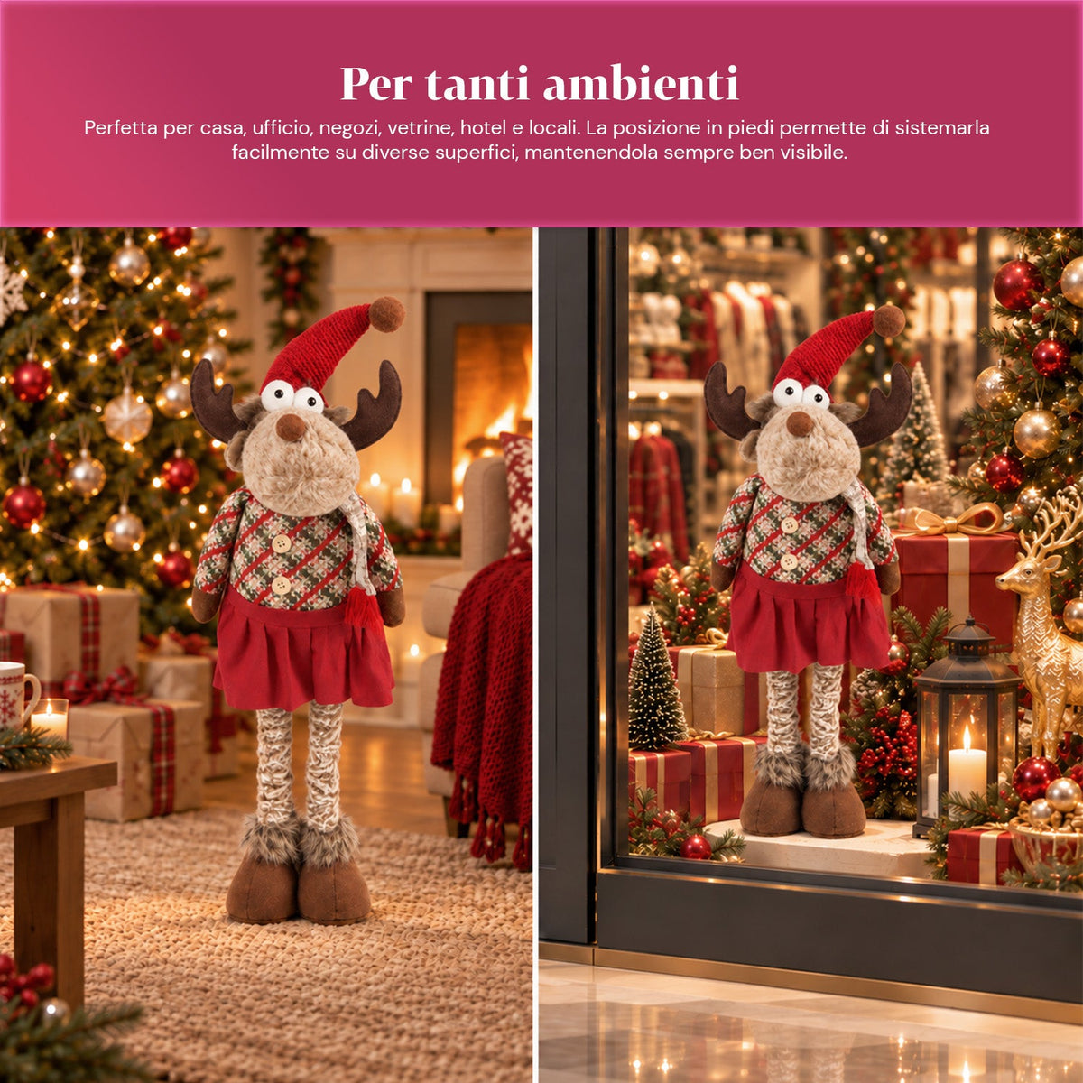 Decorative Extendable Christmas Reindeer 55-85 cm - Christmas Ornament with Telescopic Legs, Metal Structure, Polyester, 4 Style Variants