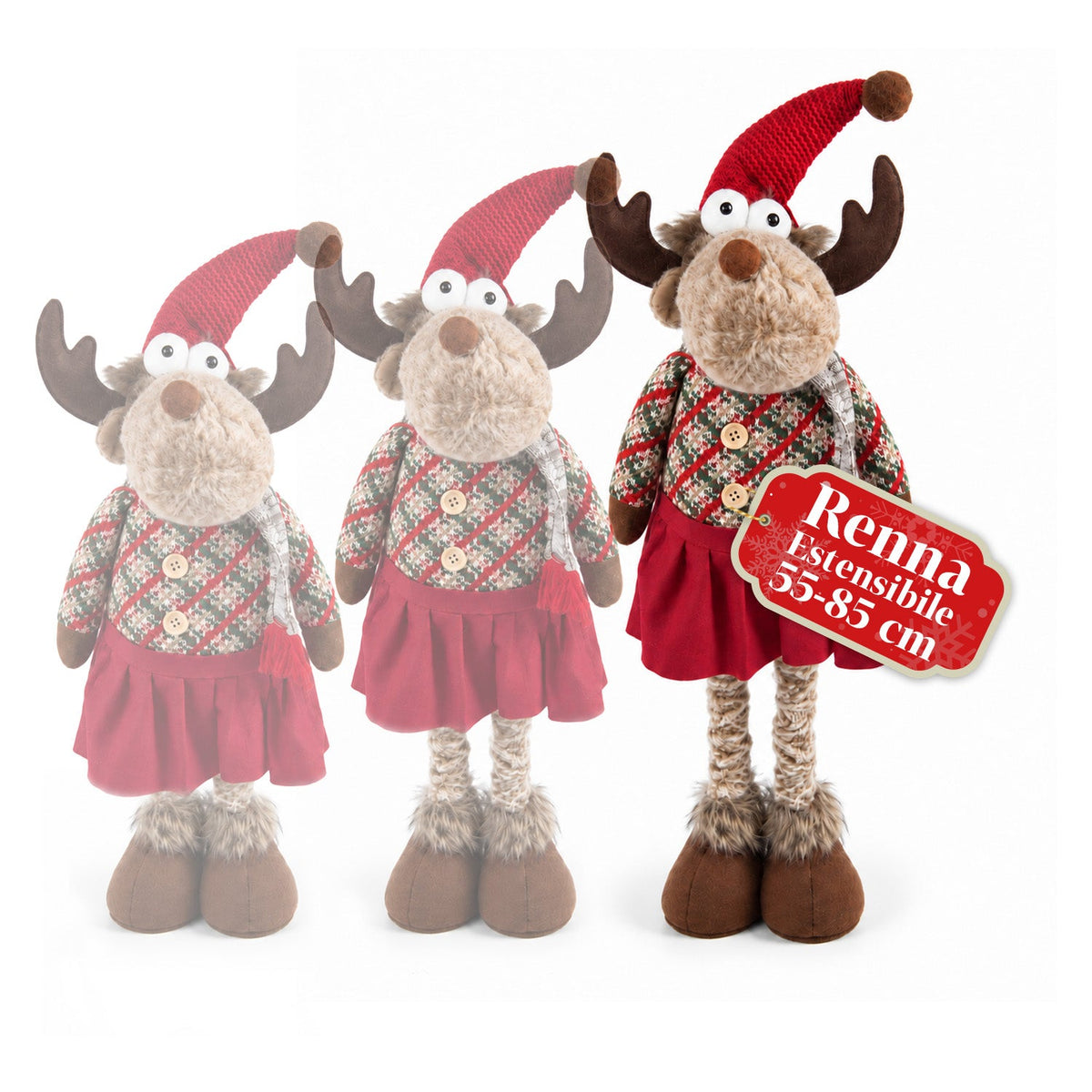 Decorative Extendable Christmas Reindeer 55-85 cm - Christmas Ornament with Telescopic Legs, Metal Structure, Polyester, 4 Style Variants