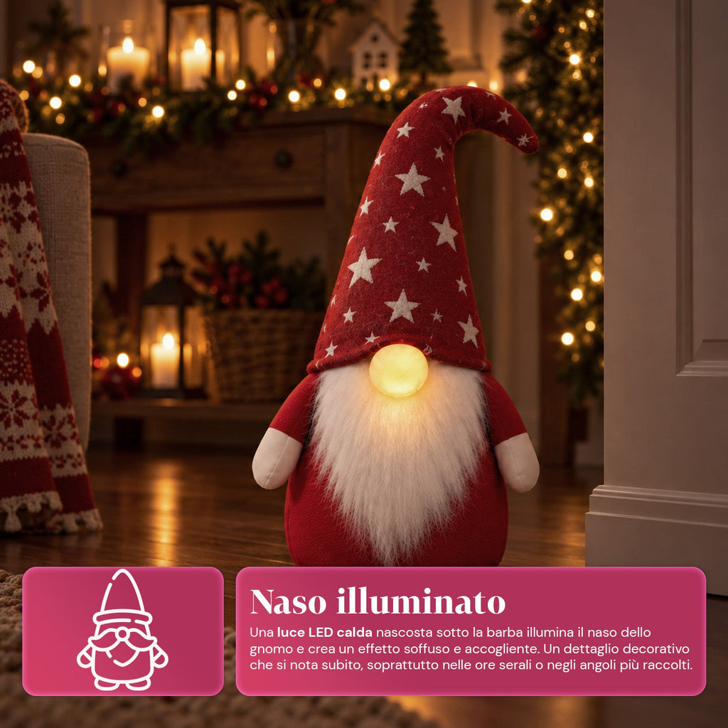 Fermaporta Gnomo Natalizio 60 cm con LED nel Naso, 3 Modalità Luce, Riempito con Sabbia 1 kg, Morbido in Poliestere - Bindbox