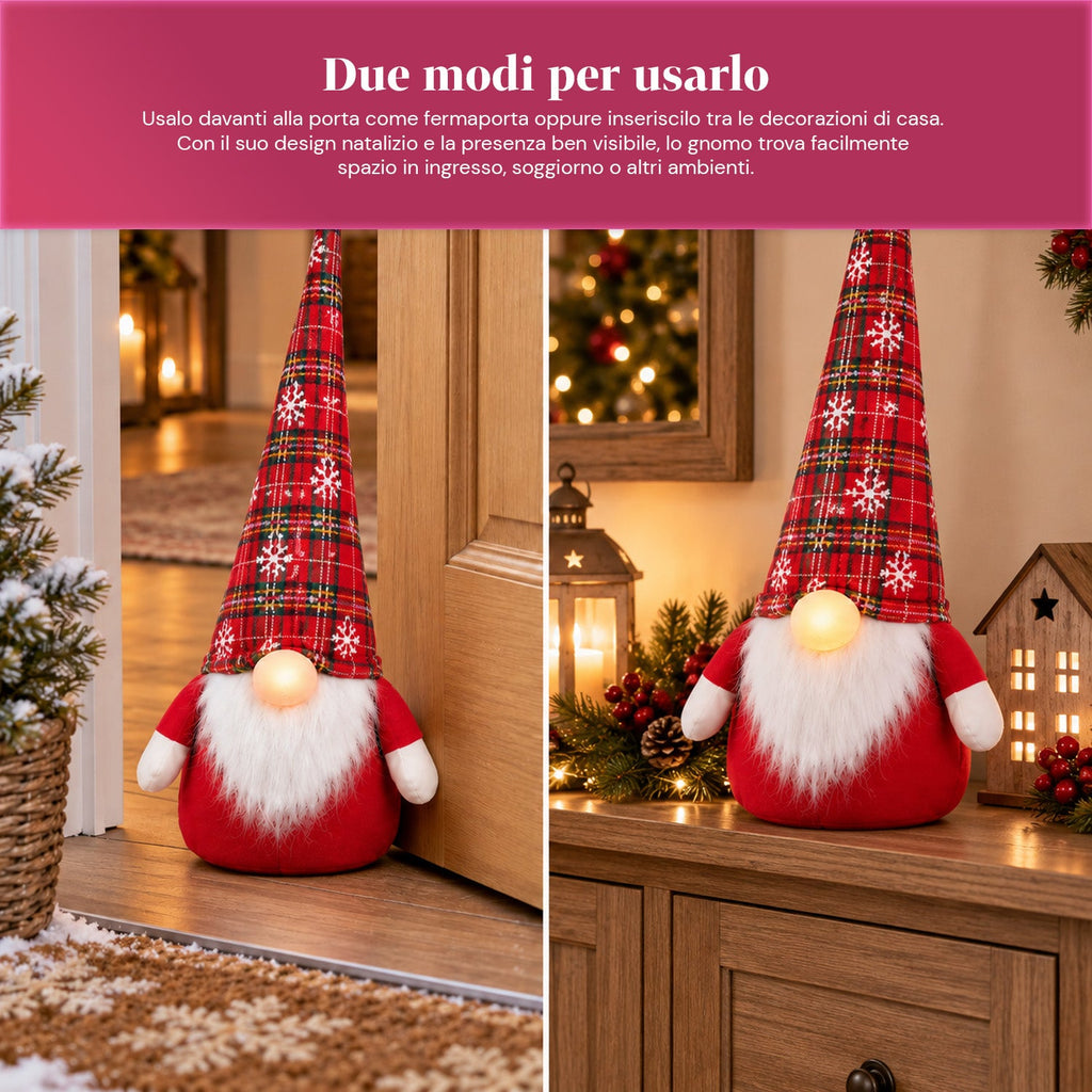 Fermaporta Gnomo Natalizio 60 cm con LED nel Naso, 3 Modalità Luce, Riempito con Sabbia 1 kg, Morbido in Poliestere - Bindbox