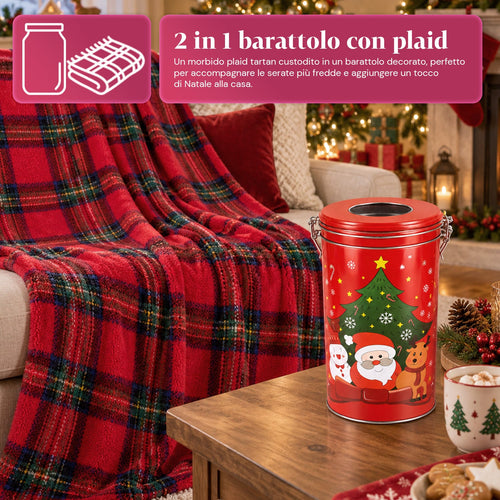 Barattolo Natalizio 30x16 cm con Plaid in Coral Fleece 145x110 cm, Coperta Morbida a Quadri Tartan - Blind Box
