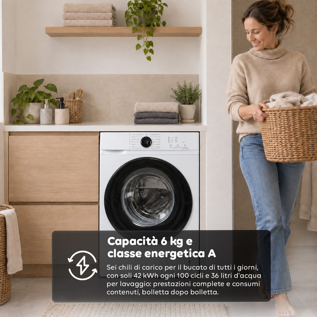Lavatrice a Carica Frontale 6 kg, Classe A, 1200 Giri/min, Slim 41 cm, Lavaggio a Vapore, Cestello a Nido d'Ape, Sicurezza Bambini, Bianco o Grigio