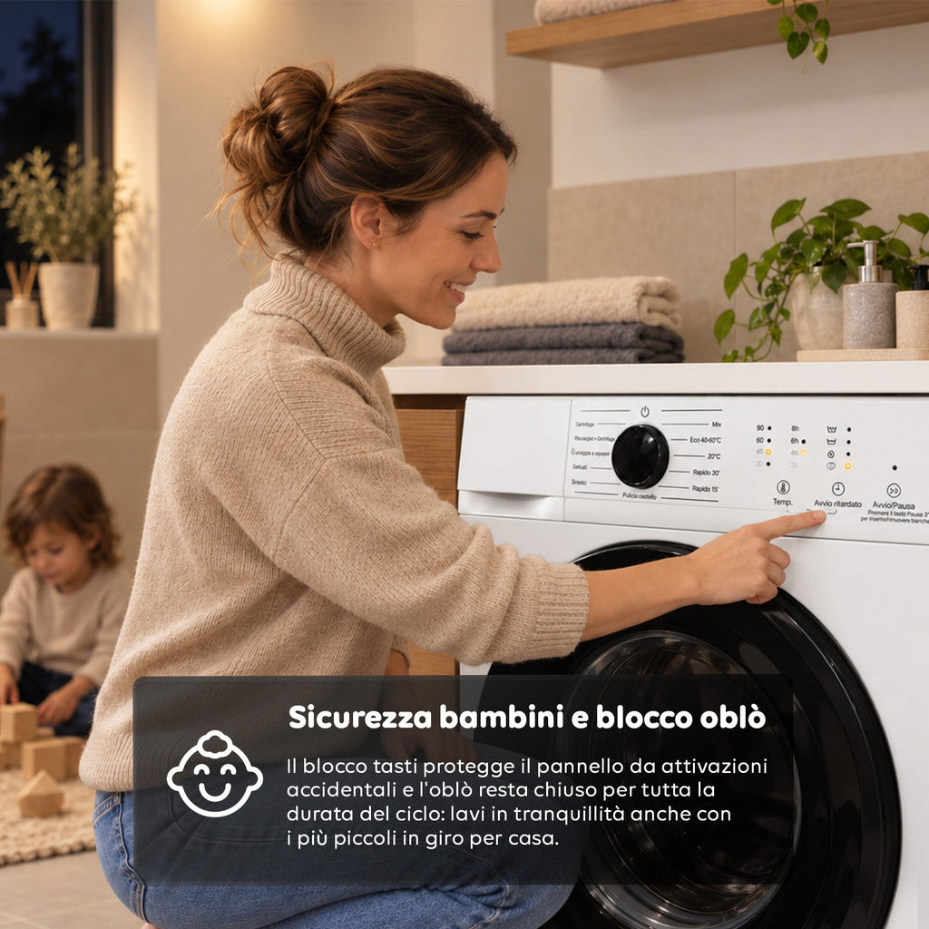 Lavatrice a Carica Frontale 6 kg, Classe A, 1200 Giri/min, Slim 41 cm, Lavaggio a Vapore, Cestello a Nido d'Ape, Sicurezza Bambini, Bianco o Grigio