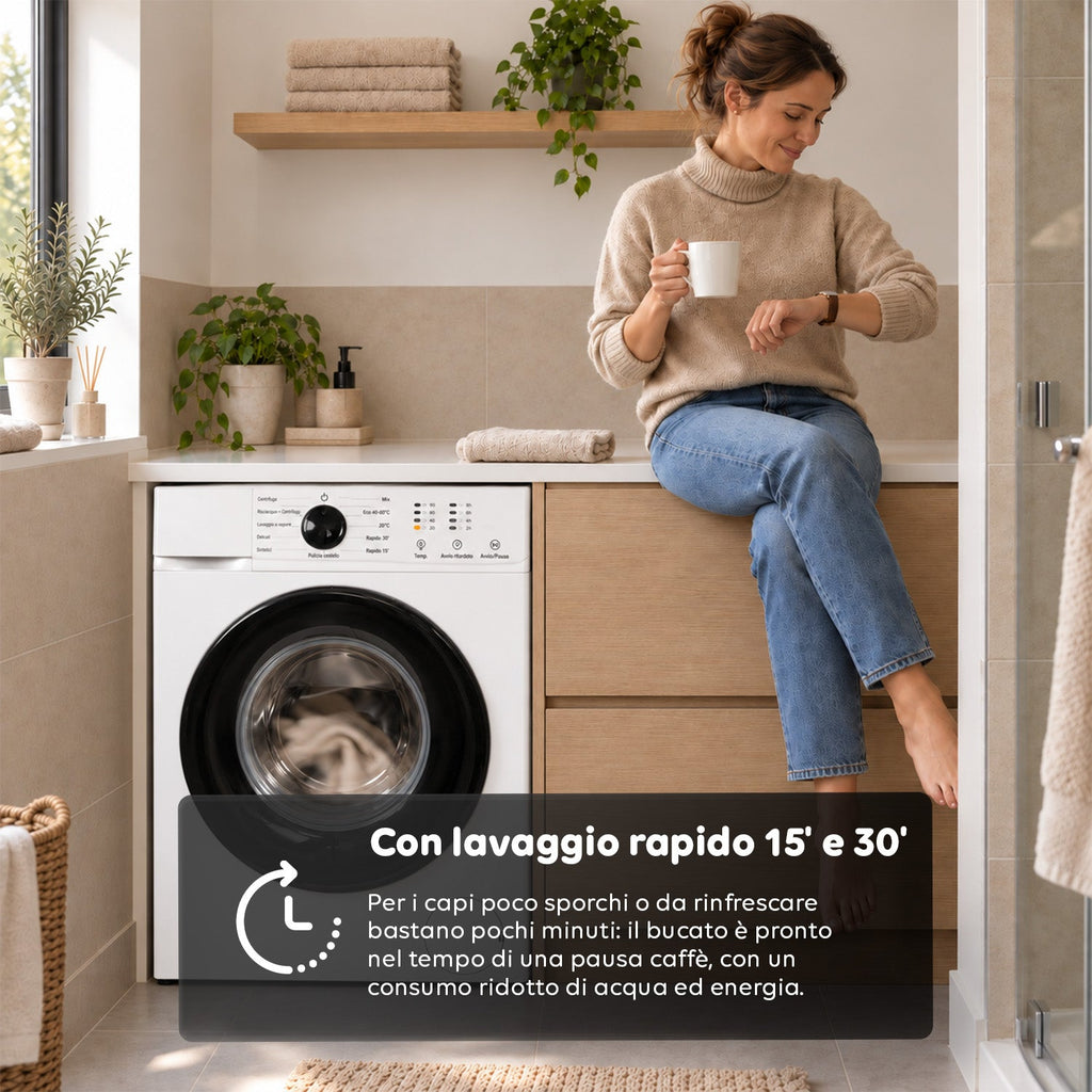 Lavatrice a Carica Frontale 6 kg, Classe A, 1200 Giri/min, Slim 41 cm, Lavaggio a Vapore, Cestello a Nido d'Ape, Sicurezza Bambini, Bianco o Grigio
