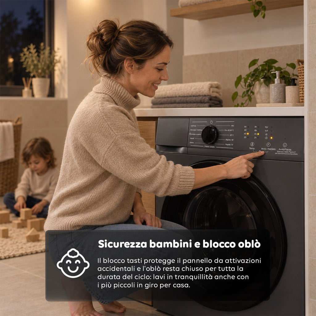 Lavatrice a Carica Frontale 6 kg, Classe A, 1200 Giri/min, Slim 41 cm, Lavaggio a Vapore, Cestello a Nido d'Ape, Sicurezza Bambini, Bianco o Grigio