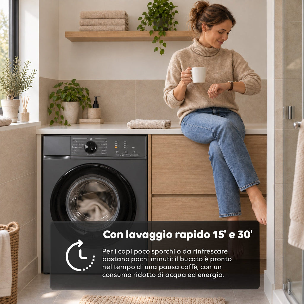 Lavatrice a Carica Frontale 6 kg, Classe A, 1200 Giri/min, Slim 41 cm, Lavaggio a Vapore, Cestello a Nido d'Ape, Sicurezza Bambini, Bianco o Grigio