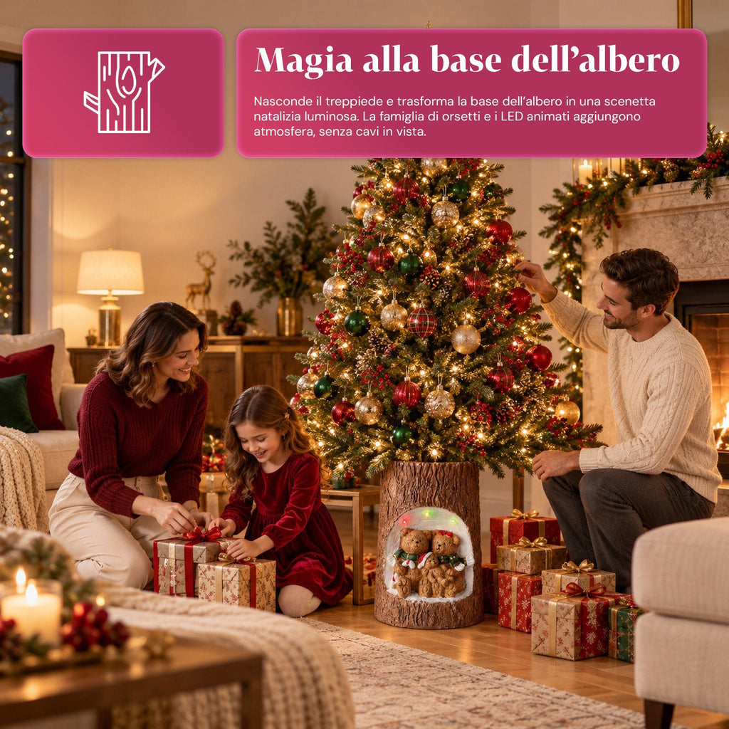 Base per Albero di Natale a Tronco con LED Animati e Personaggi 3D per Alberi fino a 180 cm - Copribase in Ferro e Magnesio con Attacco Ø 4 cm