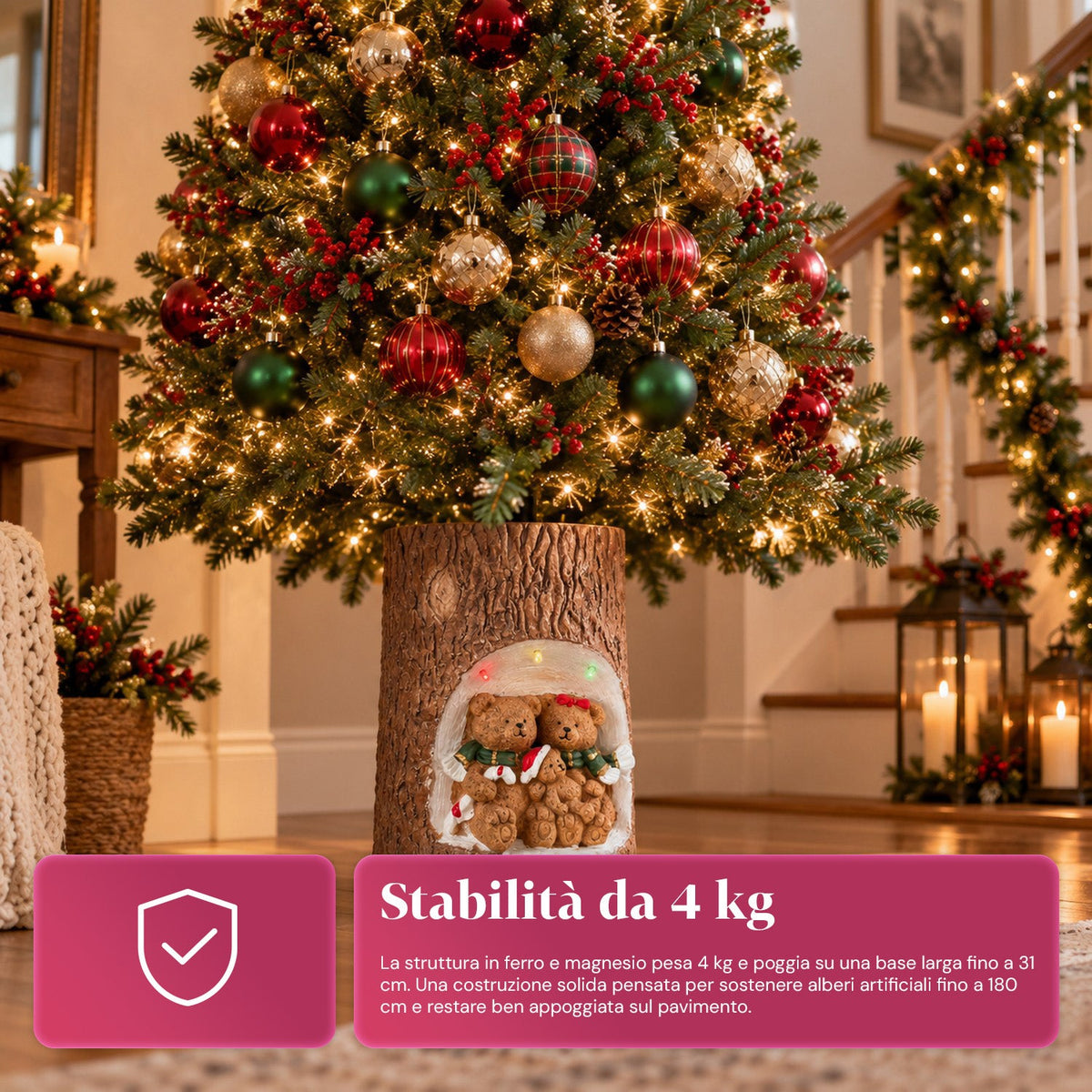 Base per Albero di Natale a Tronco con LED Animati e Personaggi 3D per Alberi fino a 180 cm - Copribase in Ferro e Magnesio con Attacco Ø 4 cm