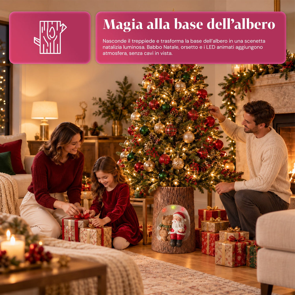 Base per Albero di Natale a Tronco con LED Animati e Personaggi 3D per Alberi fino a 180 cm - Copribase in Ferro e Magnesio con Attacco Ø 4 cm