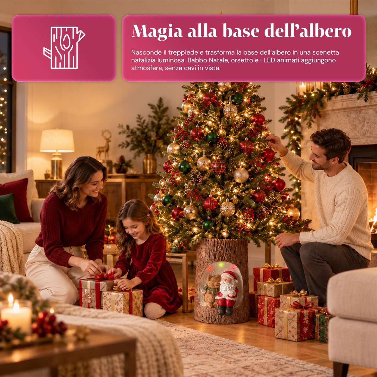 Base per Albero di Natale a Tronco con LED Animati e Personaggi 3D per Alberi fino a 180 cm - Copribase in Ferro e Magnesio con Attacco Ø 4 cm