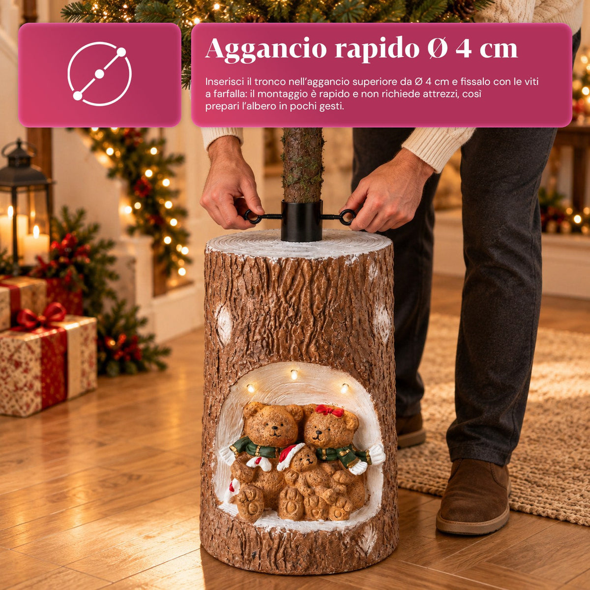 Base per Albero di Natale a Tronco con LED Animati e Personaggi 3D per Alberi fino a 180 cm - Copribase in Ferro e Magnesio con Attacco Ø 4 cm