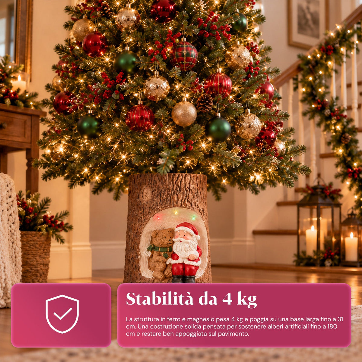Base per Albero di Natale a Tronco con LED Animati e Personaggi 3D per Alberi fino a 180 cm - Copribase in Ferro e Magnesio con Attacco Ø 4 cm