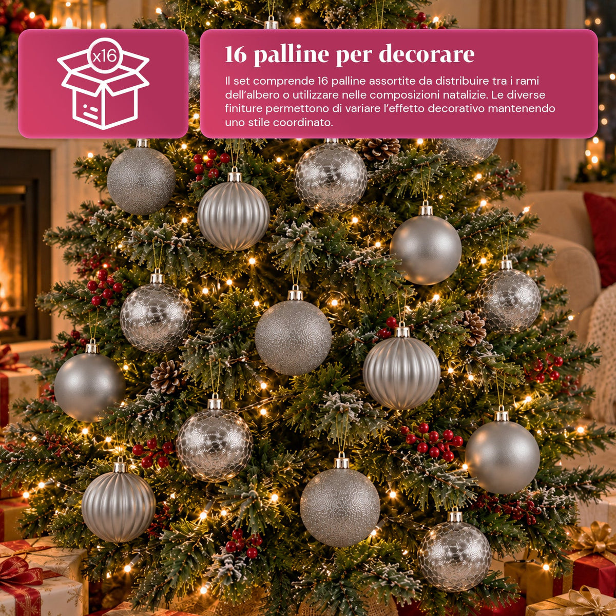 Set 16 Palline di Natale Infrangibili 7 cm - 4 Finiture Assortite Lucide, Opache e Glitterate - Decorazioni Albero e Casa - Rosso, Oro, Argento