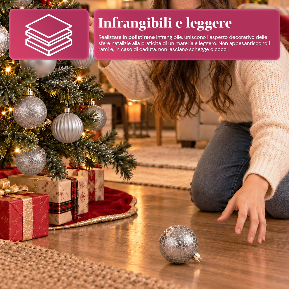 Set 16 Palline di Natale Infrangibili 7 cm - 4 Finiture Assortite Lucide, Opache e Glitterate - Decorazioni Albero e Casa - Rosso, Oro, Argento