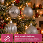 Set 16 Palline di Natale Infrangibili 7 cm - 4 Finiture Assortite Lucide, Opache e Glitterate - Decorazioni Albero e Casa - Rosso, Oro, Argento