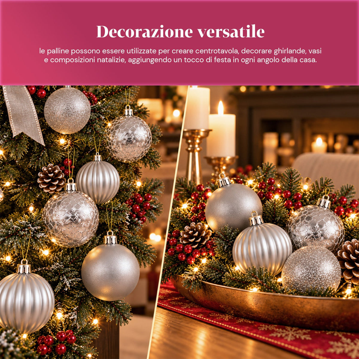 Set 16 Palline di Natale Infrangibili 7 cm - 4 Finiture Assortite Lucide, Opache e Glitterate - Decorazioni Albero e Casa - Rosso, Oro, Argento