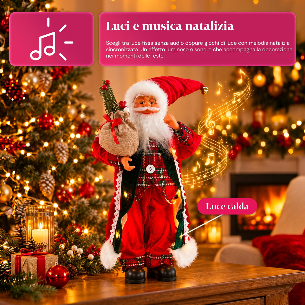 Babbo Natale con luci e musica, statua natalizia decorativa 65-95-120 cm, ornamento luminoso a batteria - Blind Box